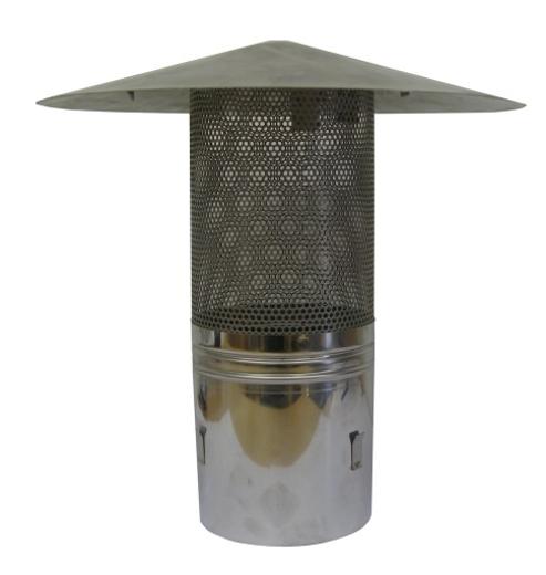 Chimney hat with spark protection to hot tub heater chimneys. 
