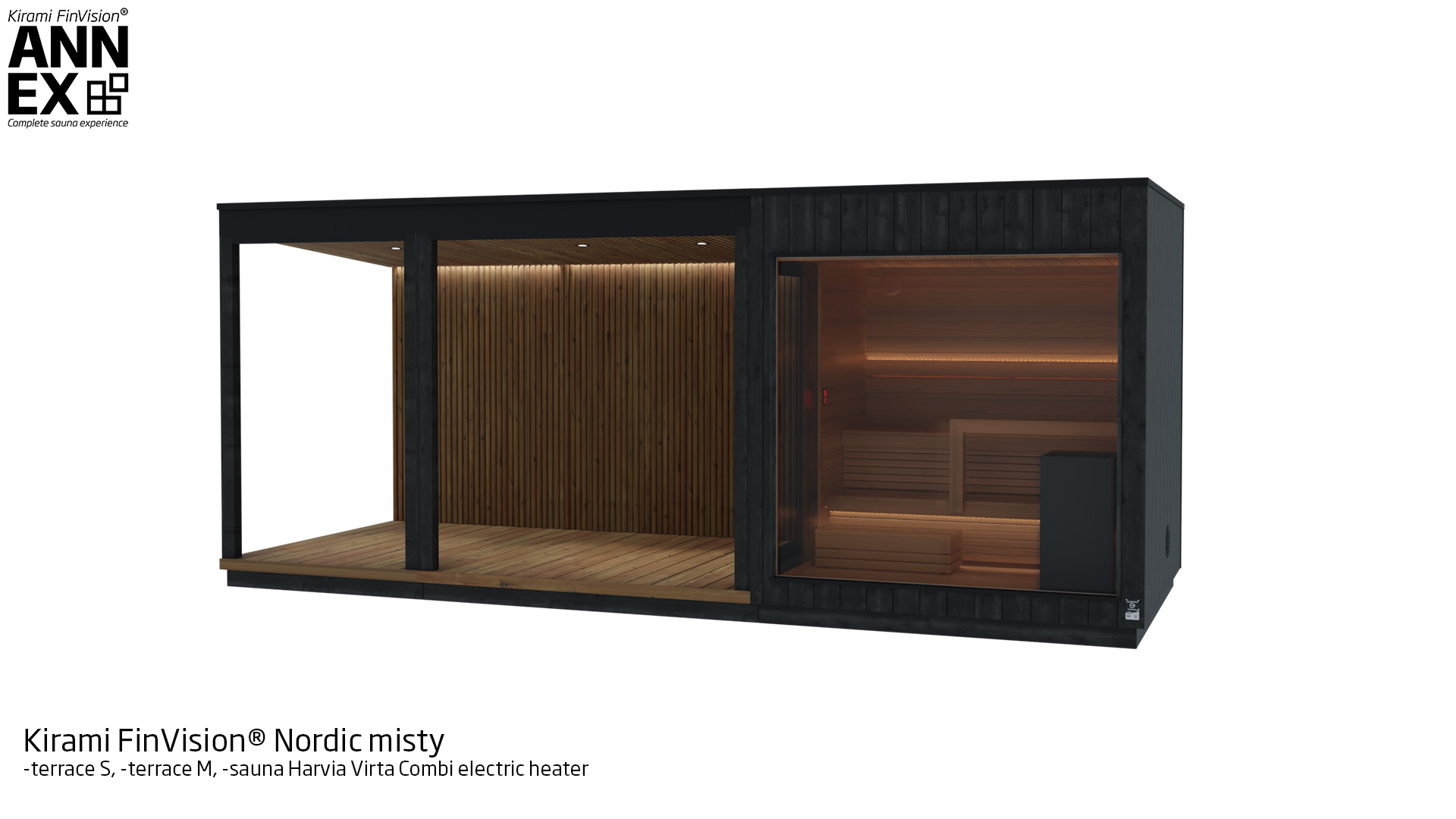 Kirami FinVision® -terassi S, terassi M, -sauna (with Harvia electric heater) Nordic misty | Kirami FinVision® Annex