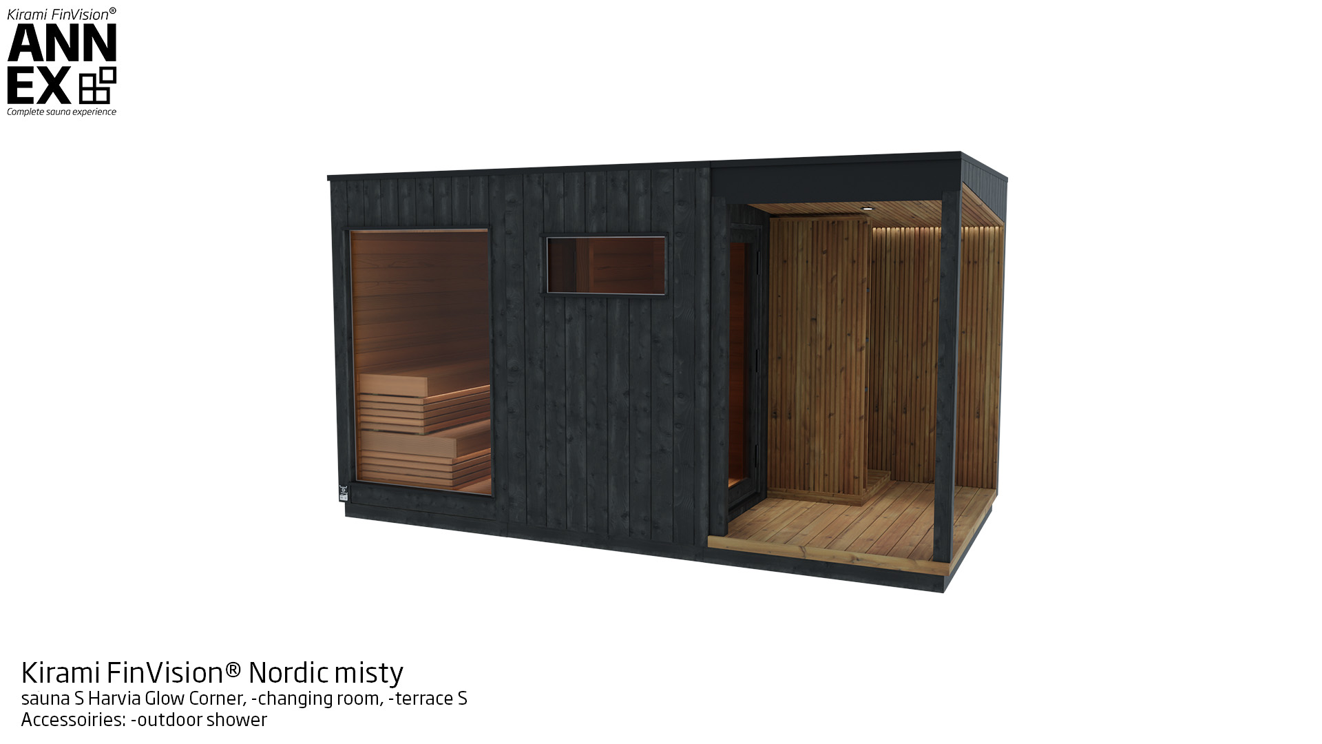 Kirami FinVision® Nordic misty, -sauna S with Harvia Electric heater, -changing room, -terrace S with Outdoor shower module | Kirami FinVision® Annex