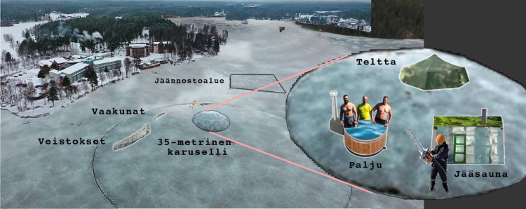 26-27.2.2021 Maailman suurin jääkaruselli Kraatterijärvellä - Kiramin palju pyörähtelee tahdissa mukana | Kirami