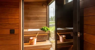 Kirami FinVision® Sauna S Misty – The Modern Heart with Harvia Glow Corner Electric Heater Adding Radiance and Gentle Steam